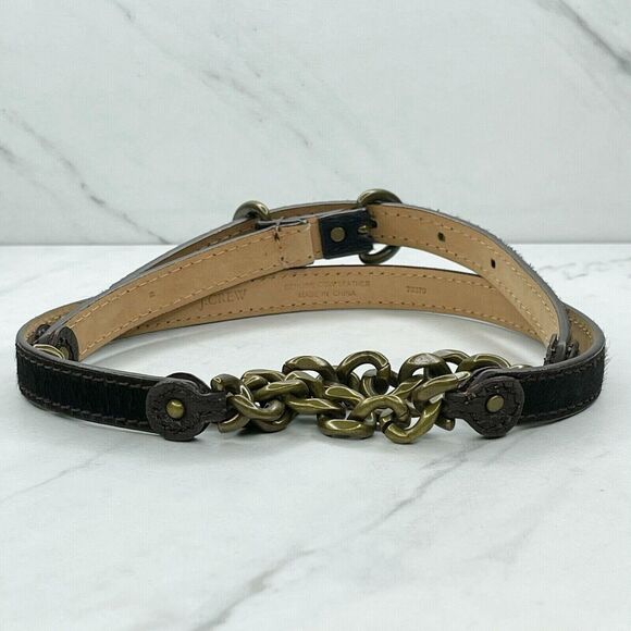 J. Crew Brown Leather Fur Chain Belt - Size Medium M | Gold Hardware - Picture 4 of 11